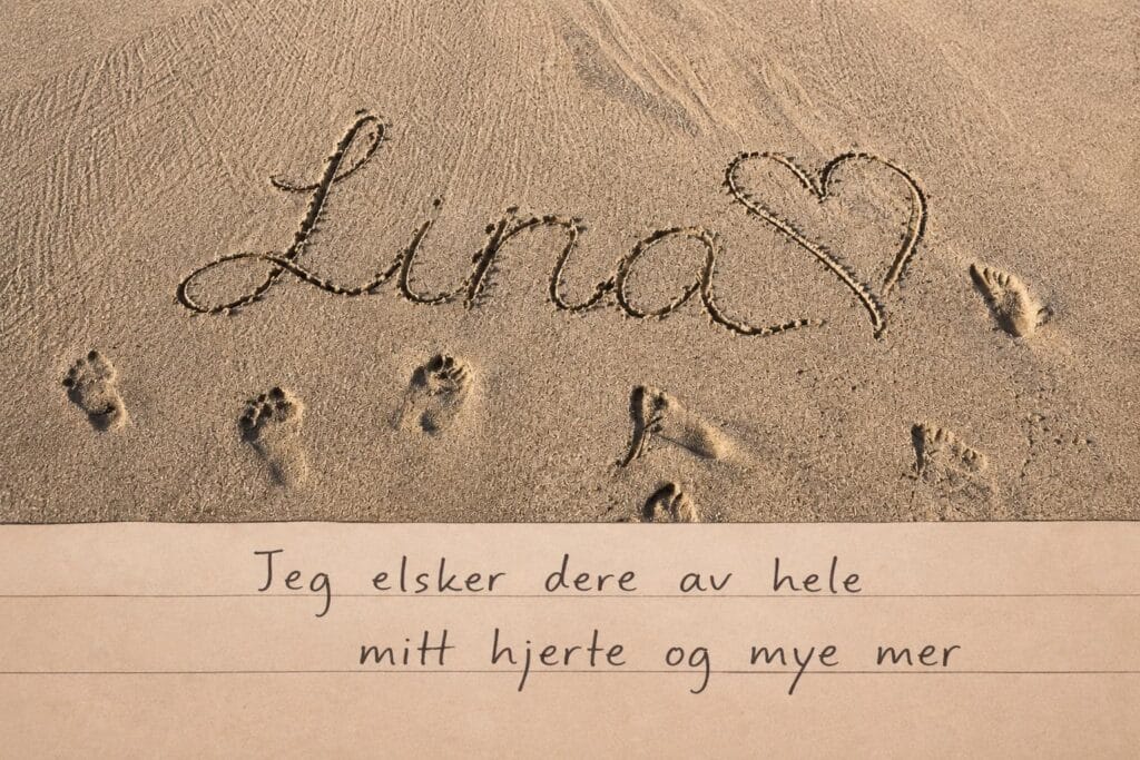 Lina Jacqueline Bryants navn tegnet av Camilla i sand etter Linas død i 2022, sammen med Linas kjærlige budskap i egen håndskrift til søsknene.